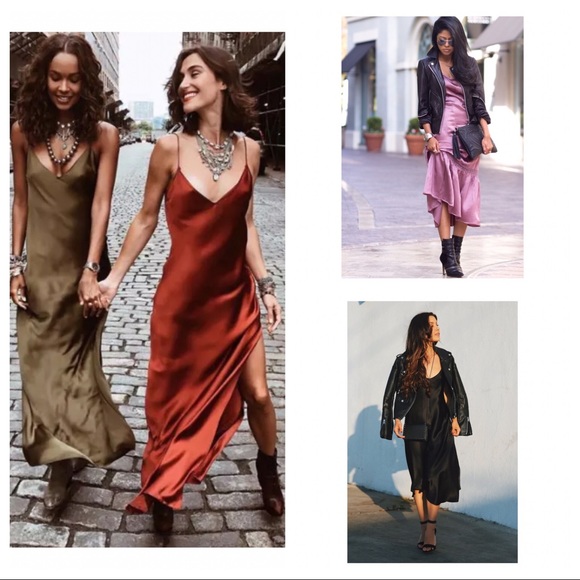 The Backroom Dresses & Skirts - Lolo Satin  Slip Dress with Side Split in Sienna